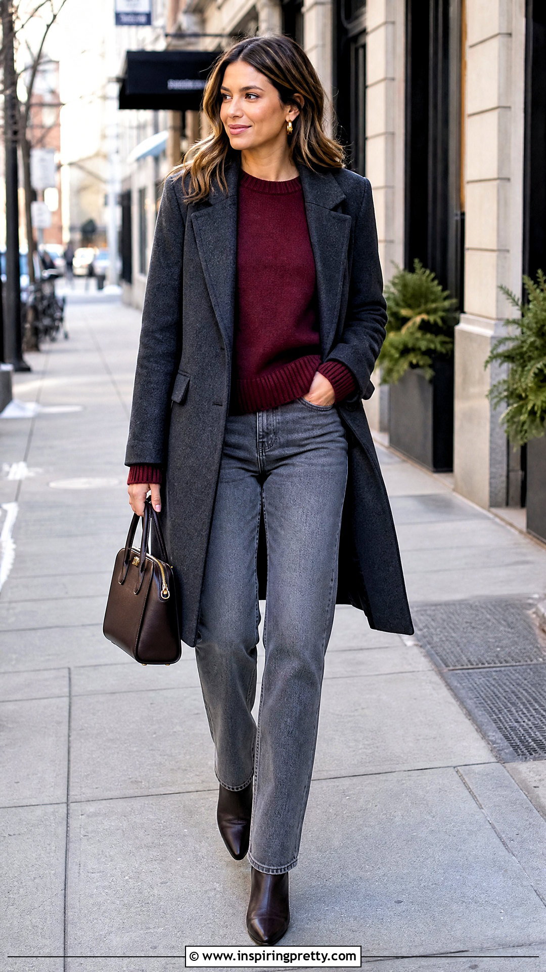 Burgundy Sweater With Gray Jeans - 50 winter tops for women