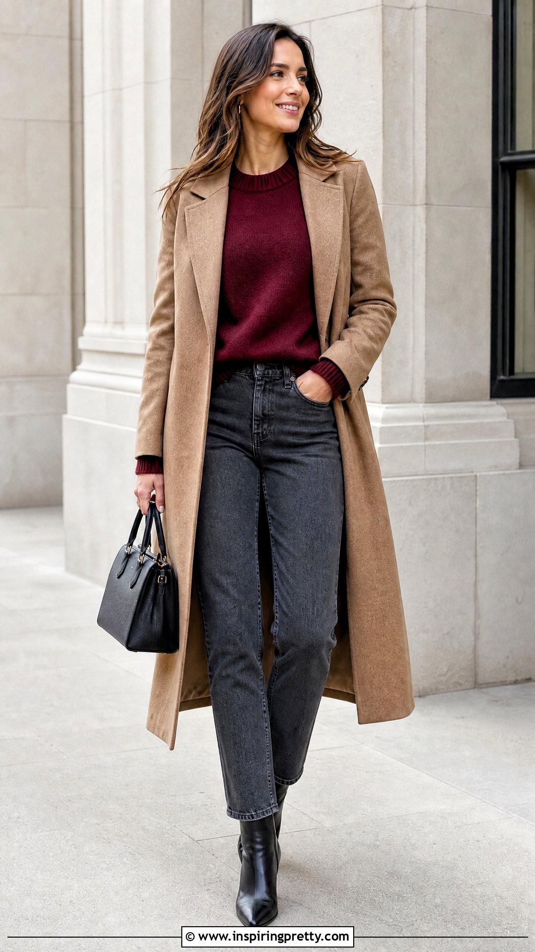 Burgundy Sweater With Gray Jeans - 50 jeans top outfit ideas