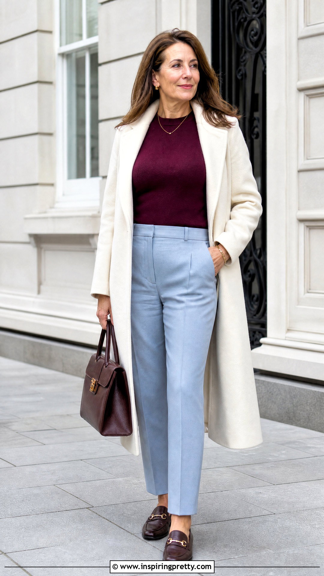 Burgundy Sweater With Light Blue Pants And Loafers - what color top to wear with blue pants (20 ways)