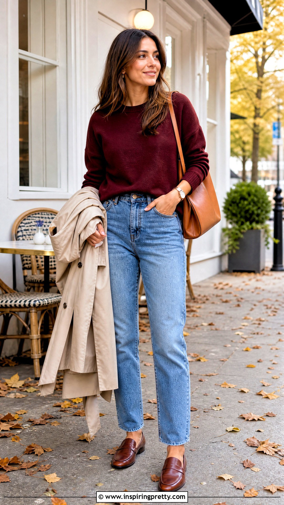Burgundy Sweater and Blue Mom Jeans - 50 burgundy top and jeans outfit ideas