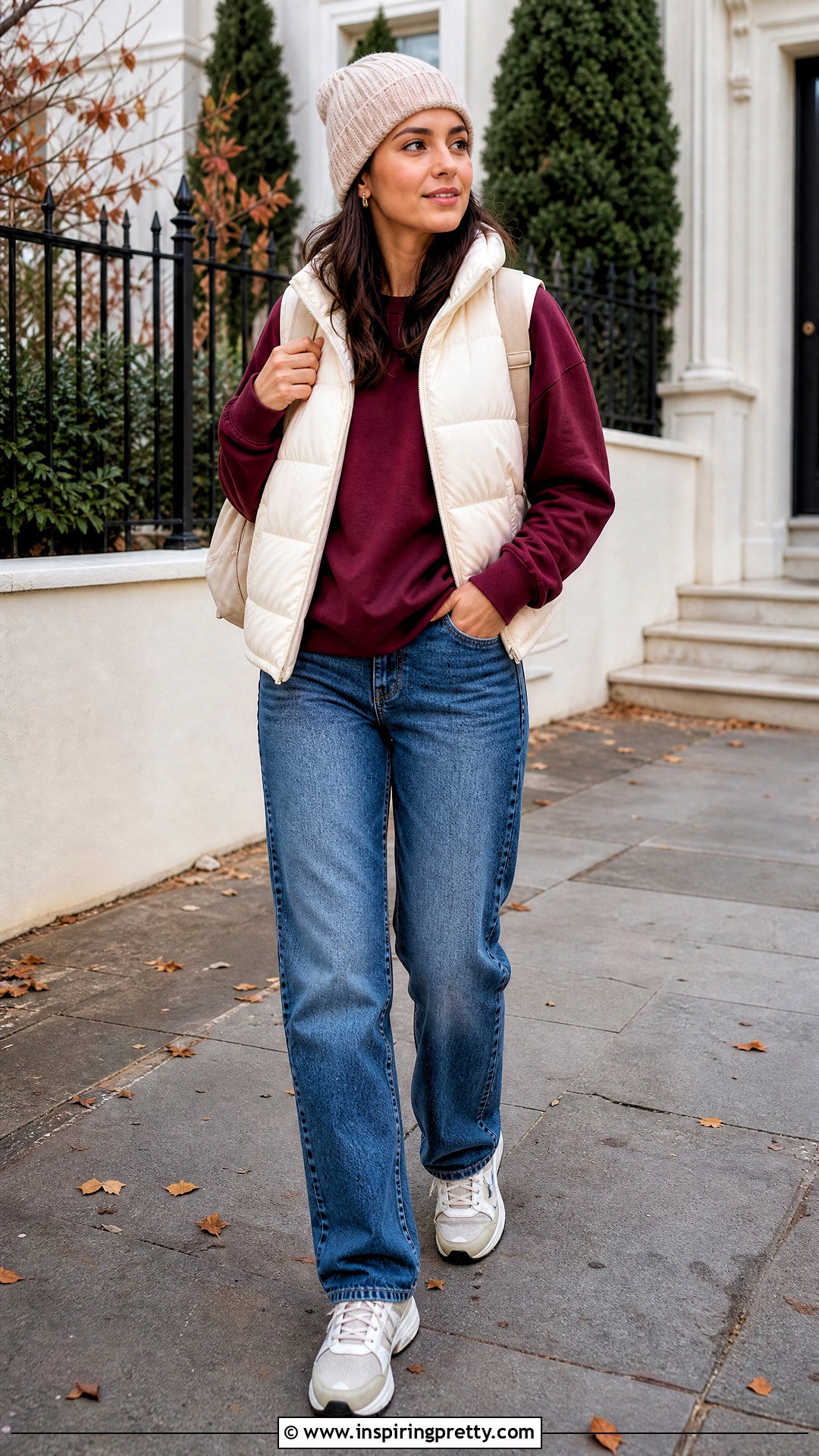 Burgundy Sweatshirt and Jeans With Puffer Vest - 50 burgundy top and jeans outfit ideas