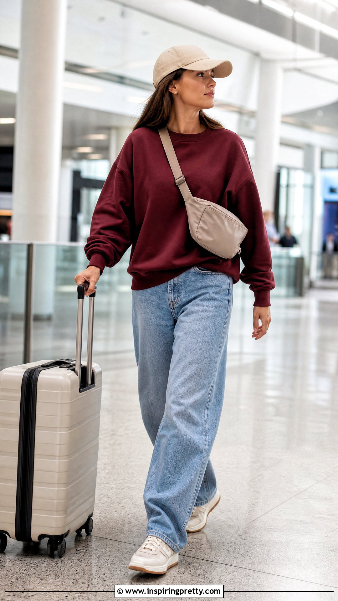 Burgundy Sweatshirt and Relaxed Jeans - 50 burgundy top and jeans outfit ideas