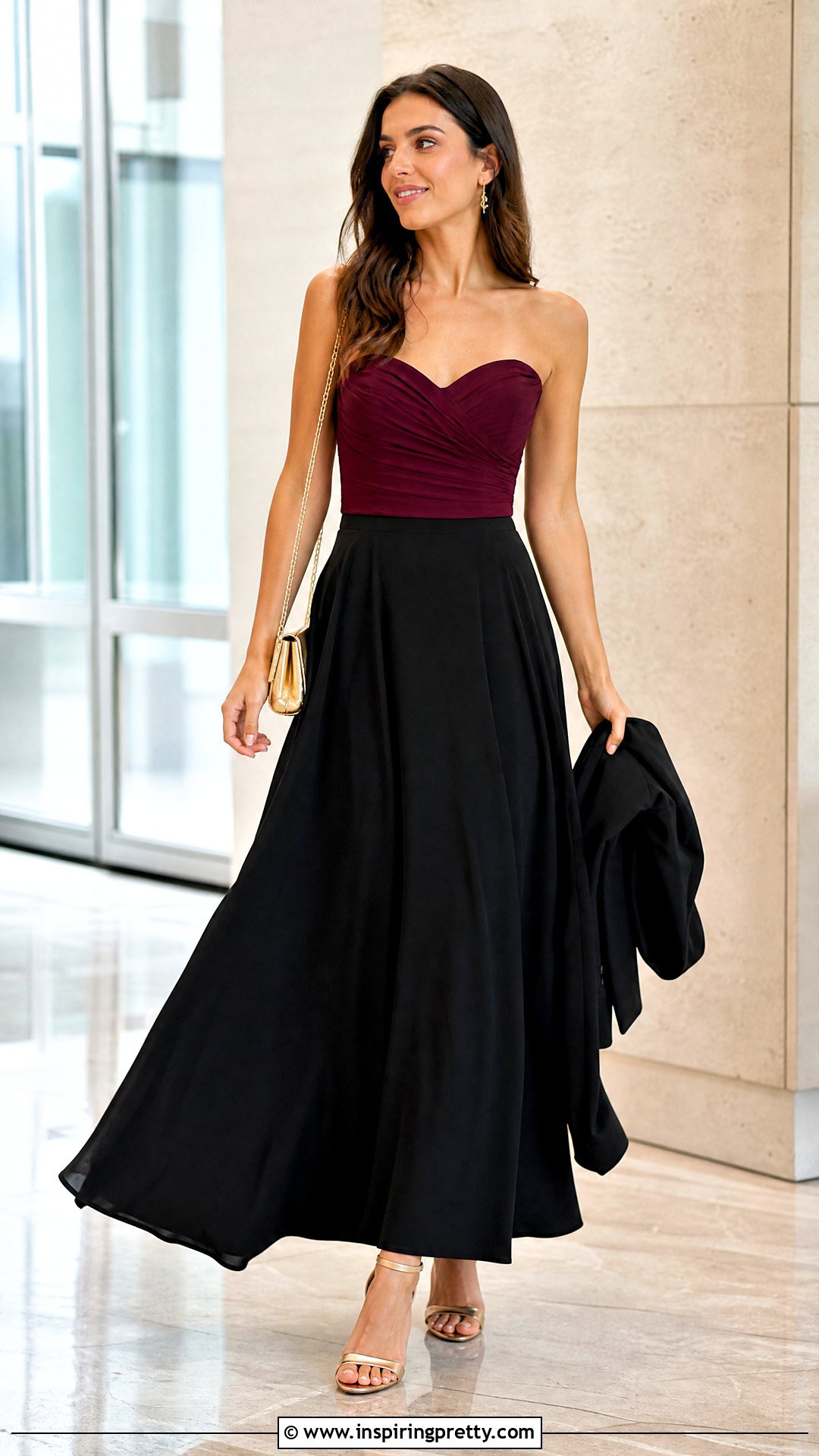 Burgundy Sweetheart Top With Black Maxi Skirt - 20 burgundy sweetheart top outfit ideas