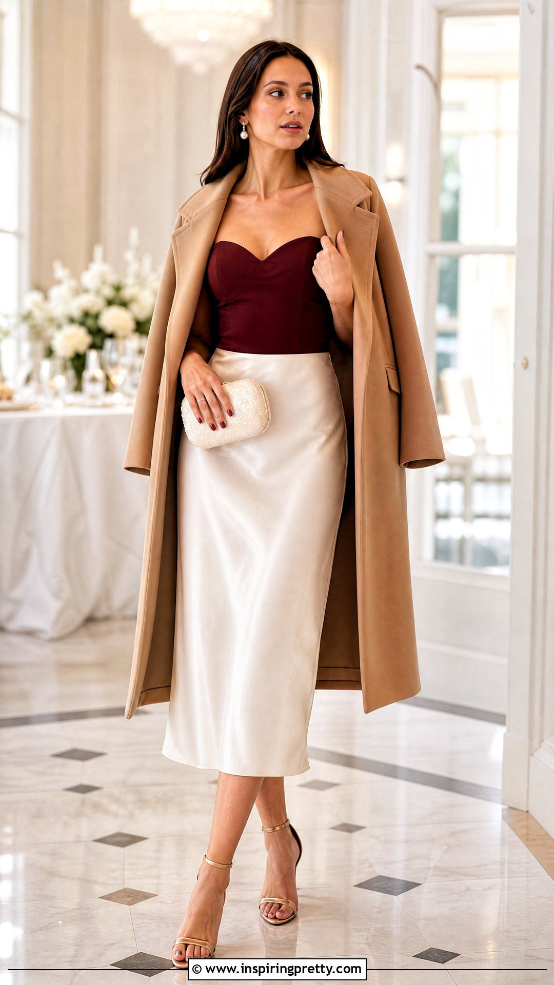 Burgundy Sweetheart Top With Cream Satin Midi Skirt - 20 burgundy sweetheart top outfit ideas