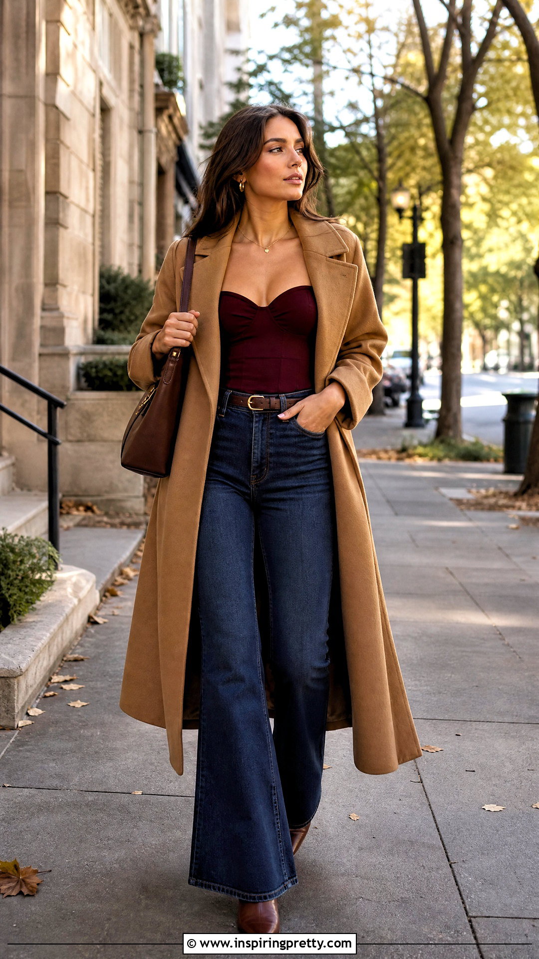 Burgundy Sweetheart Top With Dark Wash Flare Jeans - 20 burgundy sweetheart top outfit ideas