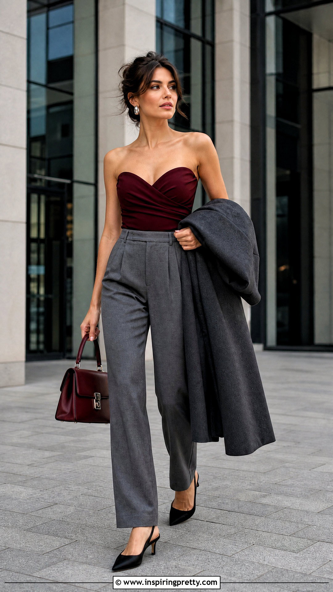 Burgundy Sweetheart Top With Gray Tailored Trousers - 20 burgundy sweetheart top outfit ideas