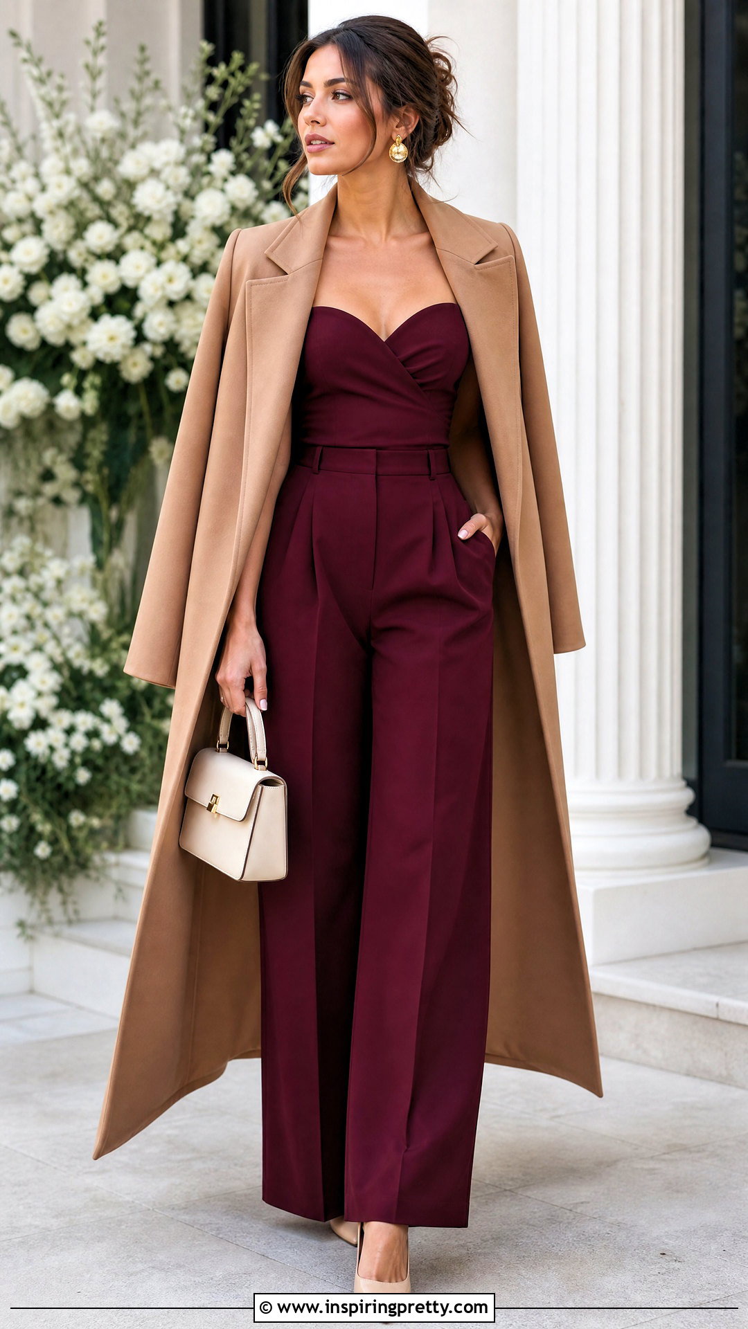Burgundy Sweetheart Top With Matching Burgundy Trousers - 20 burgundy sweetheart top outfit ideas