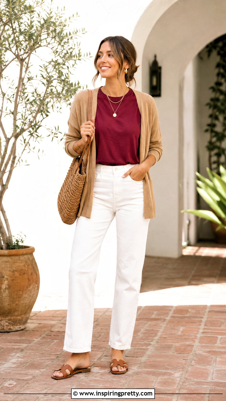 Burgundy T Shirt With White Jeans - 50 burgundy top outfit ideas