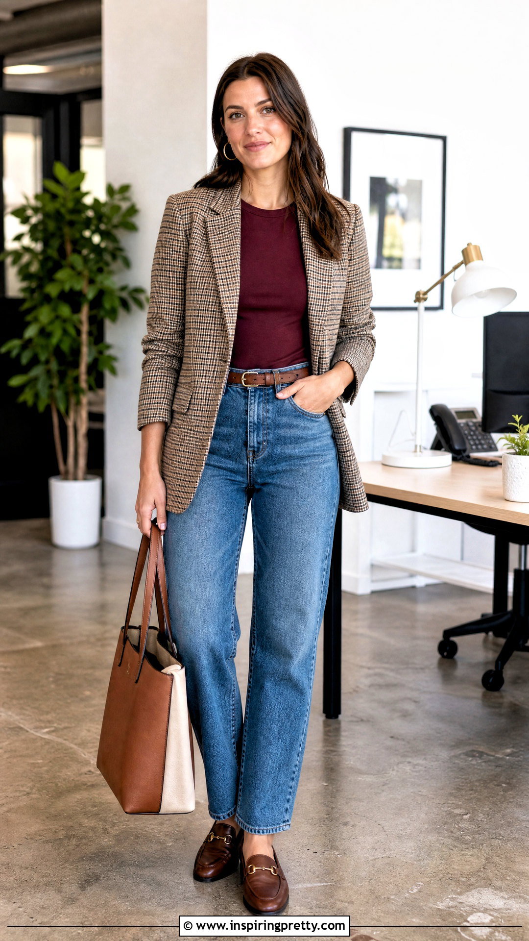 Burgundy T Shirt and Straight Jeans With Plaid Blazer - 50 burgundy top and jeans outfit ideas