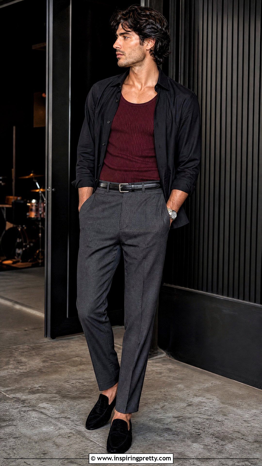 Burgundy Tank Top And Black Button Up Shirt With Gray Pants - 25 Tank Top And Button Up Shirt Men outfit ideas