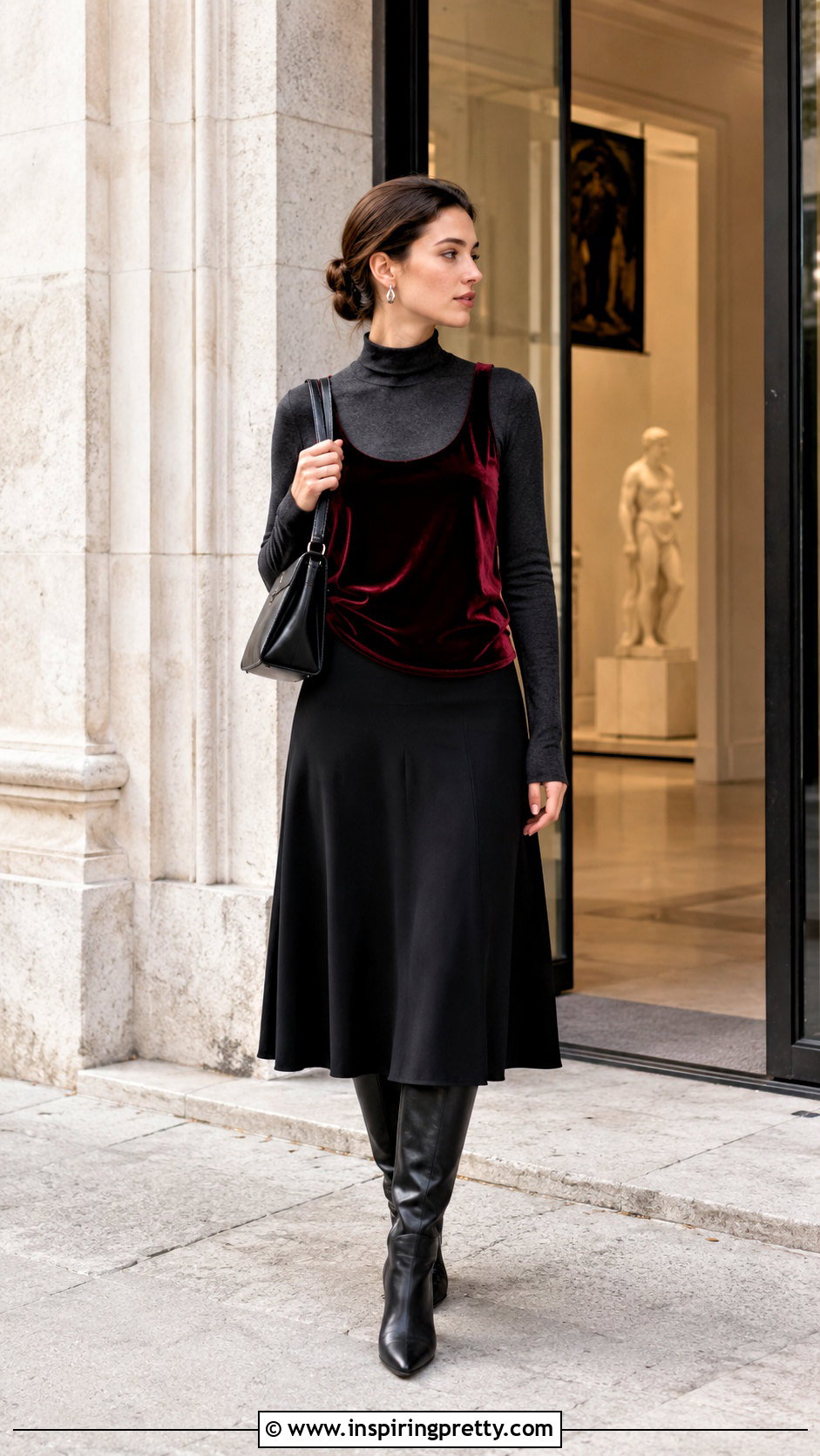 Burgundy Tank Top Over Charcoal Long Sleeve With Black Skirt - 50 tank top over long sleeve outfit ideas