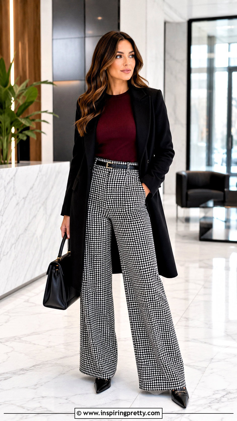 Burgundy Top With Houndstooth Pants - 50 burgundy top outfit ideas