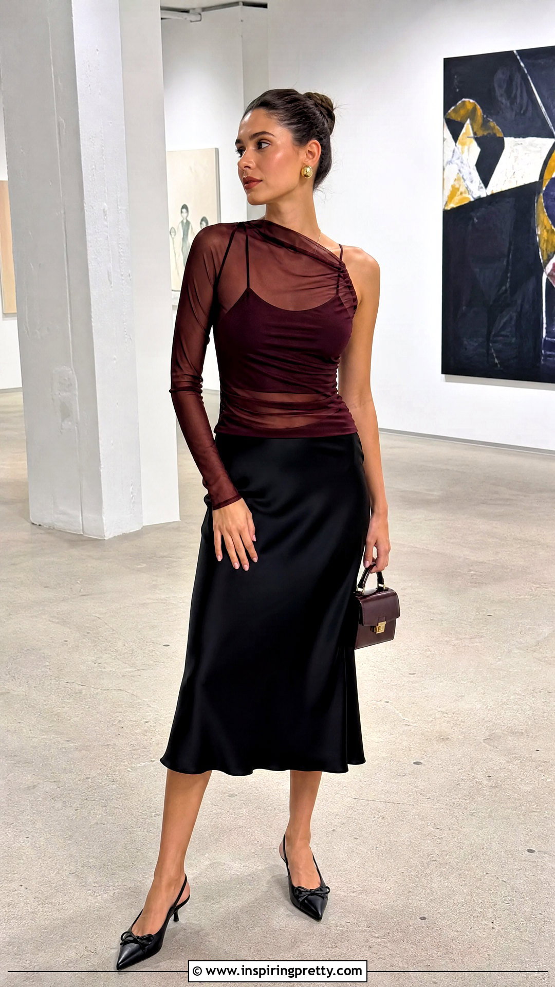 Burgundy Topshop Mesh Top With Satin Midi Skirt - 20 Topshop Mesh Top outfit ideas