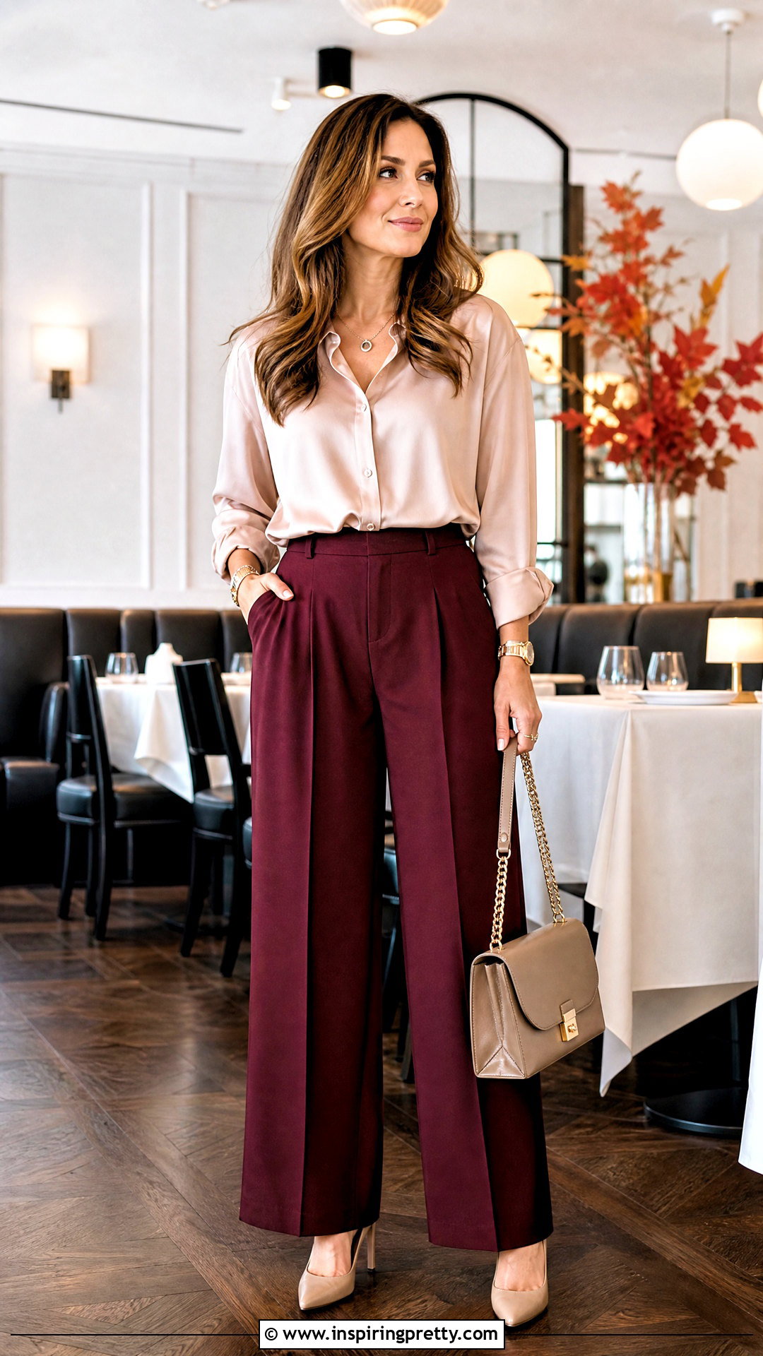 Burgundy Trousers And Blush Blouse Birthday Outfit - 50 birthday outfit pants and tops