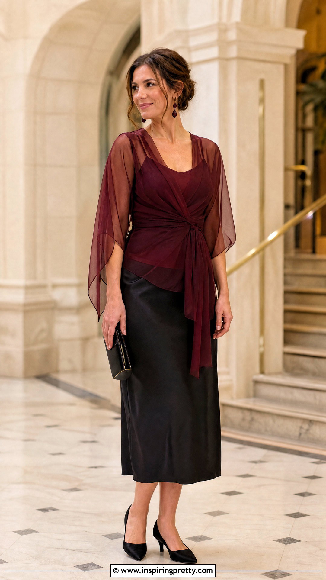 Burgundy Tulle Wrap Top With Black Midi Skirt - 25 tulle wrap top outfit ideas