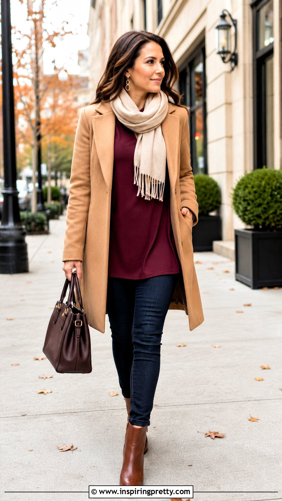 Burgundy Tunic Top With Camel Coat And Jeans - 20 burgundy tunic top outfit ideas