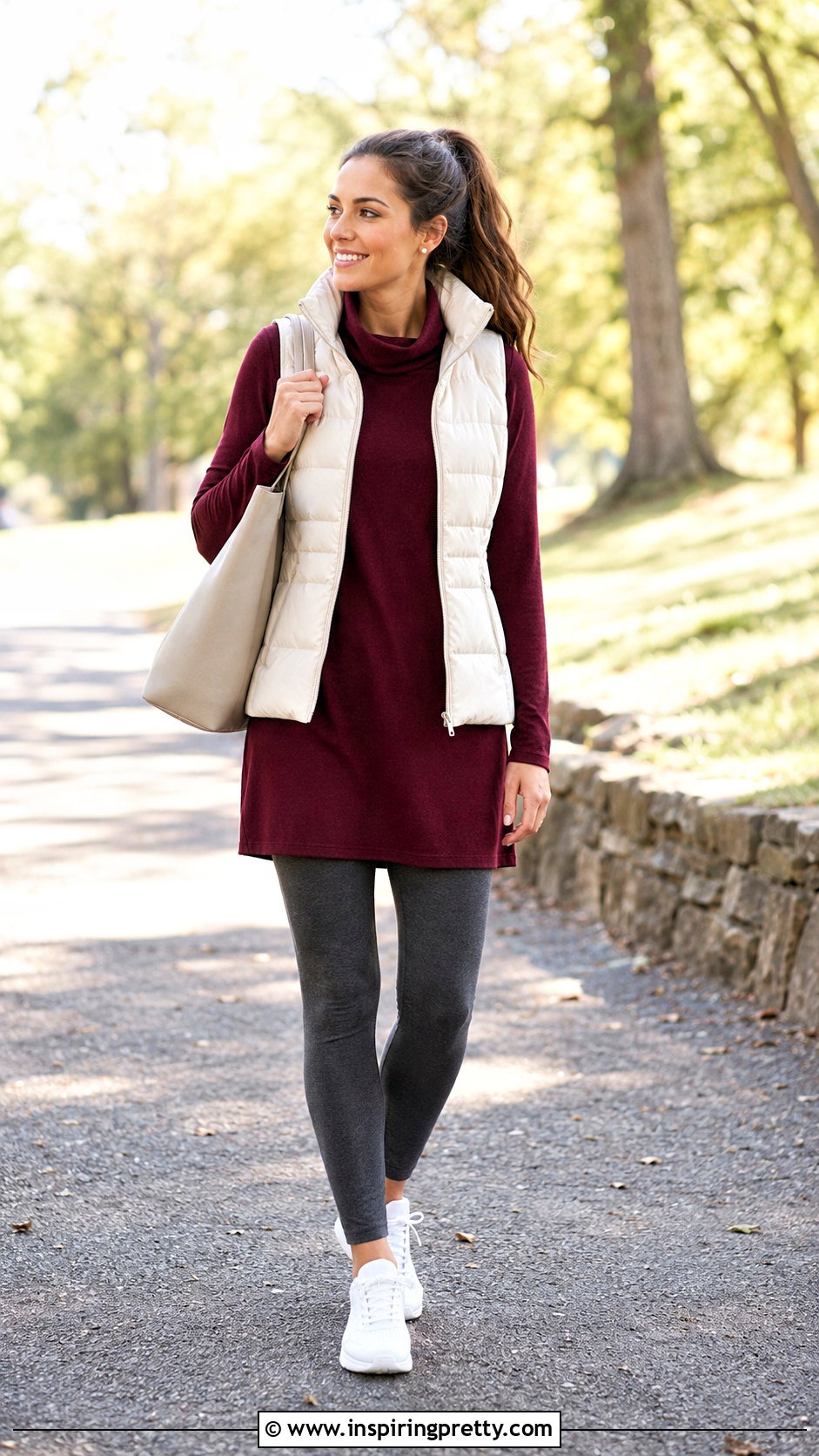 Burgundy Tunic Top With Gray Leggings And Puffer Vest - 20 burgundy tunic top outfit ideas