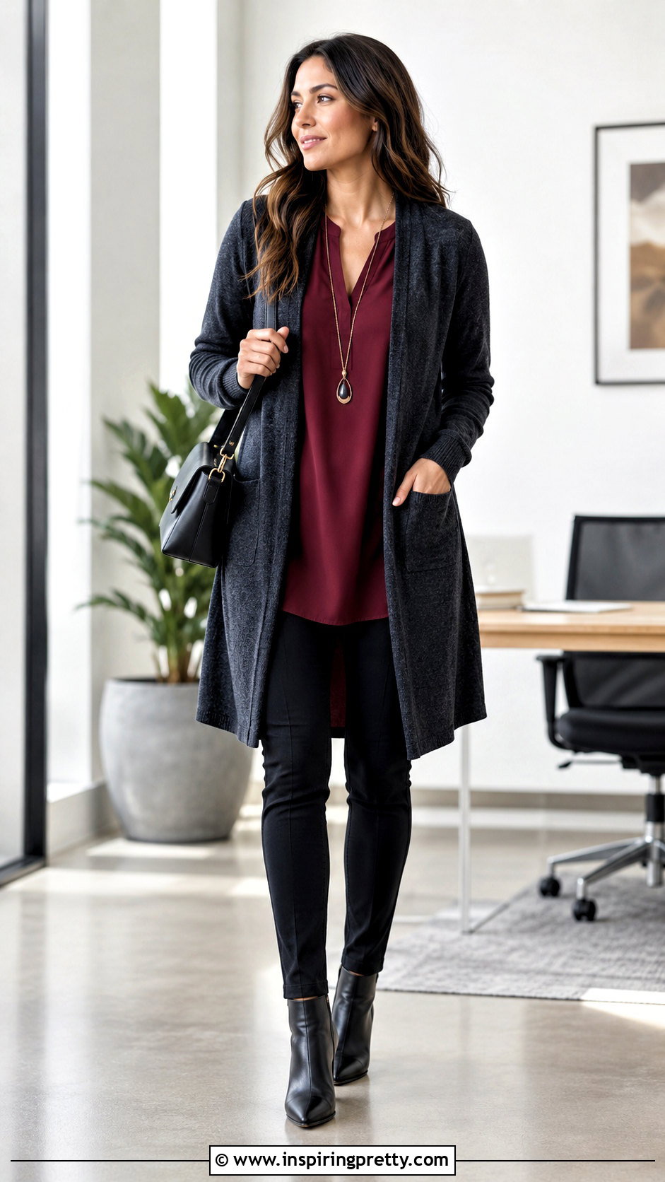 Burgundy Tunic Top With Long Cardigan And Black Pants - 20 burgundy tunic top outfit ideas