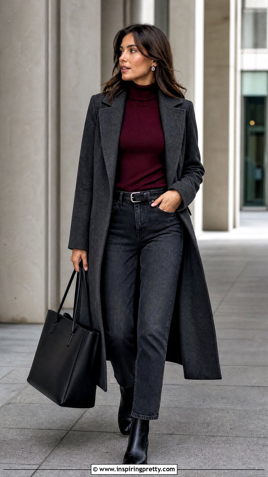 Burgundy Turtleneck and Gray Jeans - 50 burgundy top and jeans outfit ideas