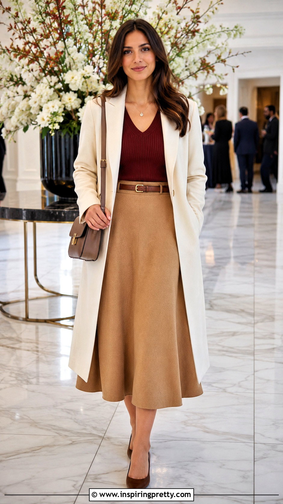 Burgundy V Neck Top With A Line Skirt - 50 burgundy top outfit ideas