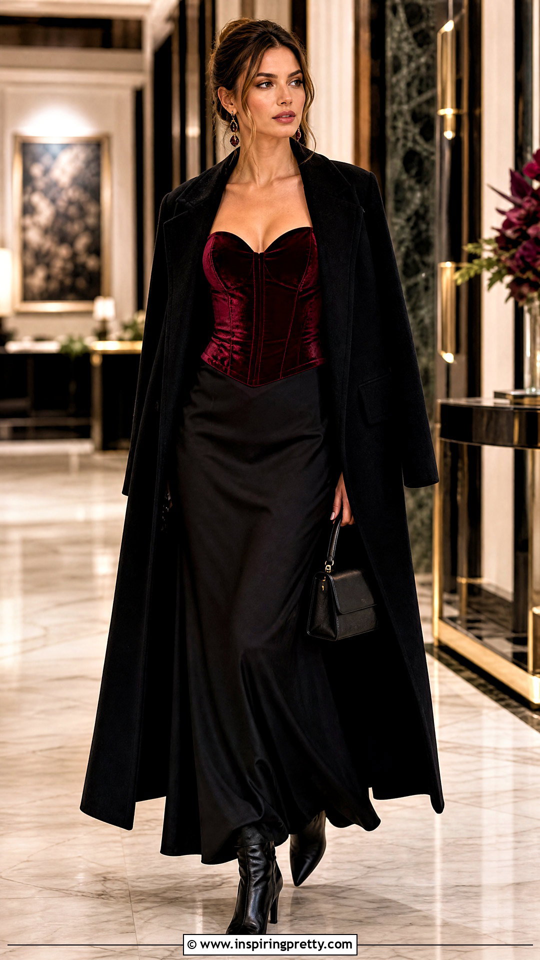 Burgundy Velvet Corset Top With Black Maxi Skirt - 20 valentines corset tops