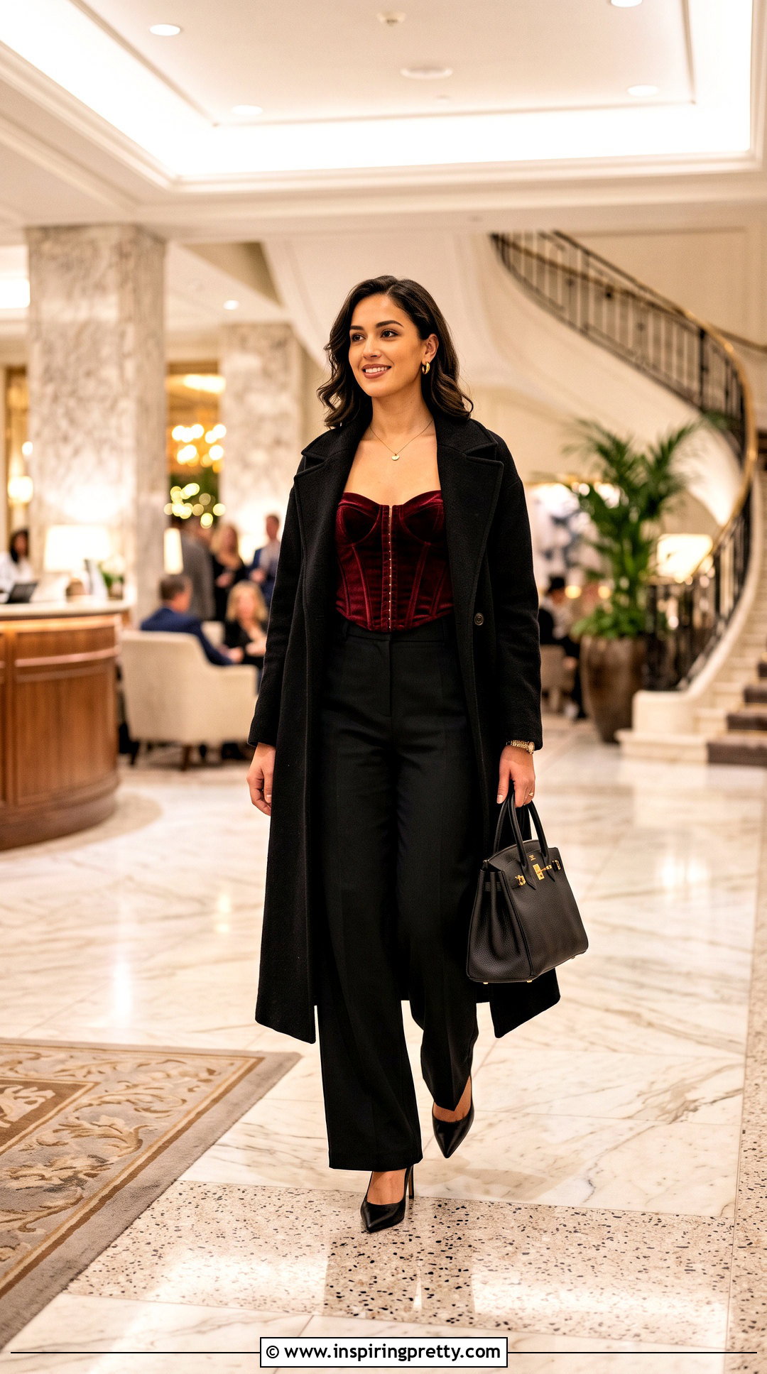 Burgundy Velvet Corset Top With Black Trousers - 50 corset top and trousers outfit ideas