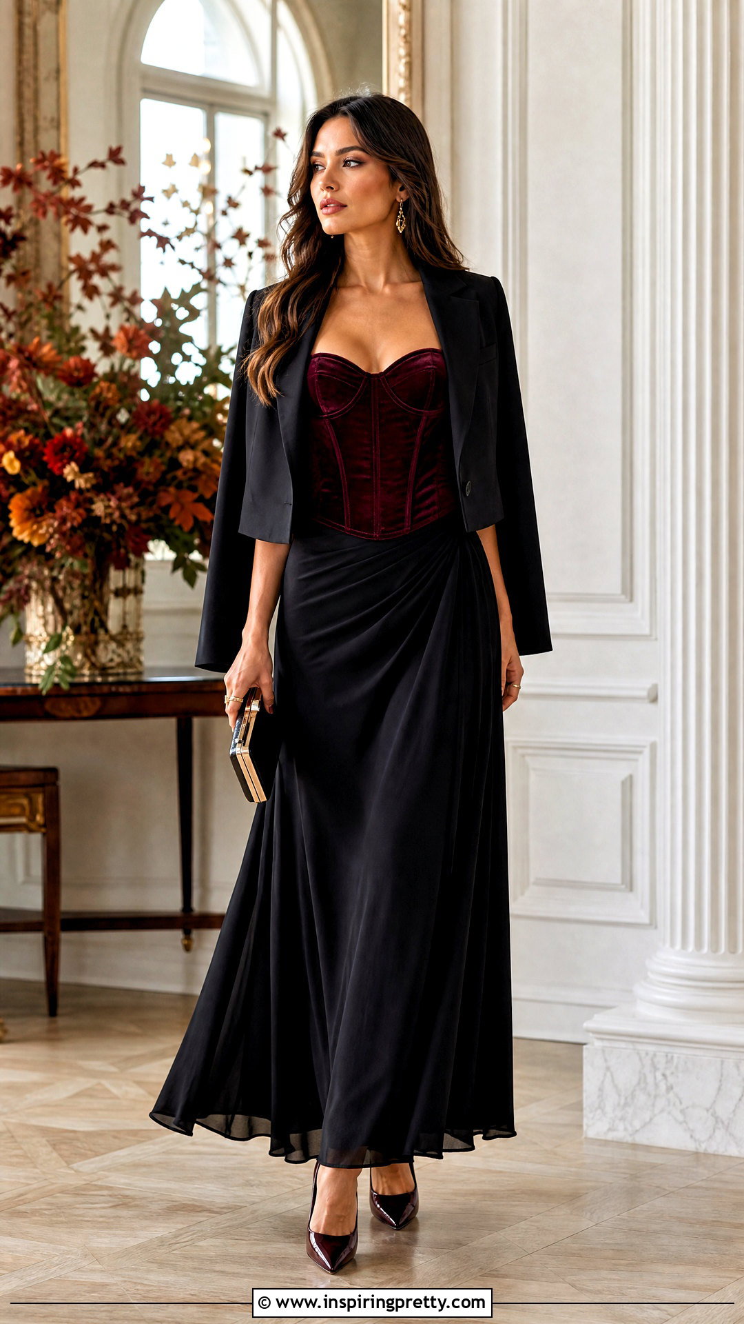 Burgundy Velvet Corset With Maxi Skirt - 50 Top Corset outfit ideas
