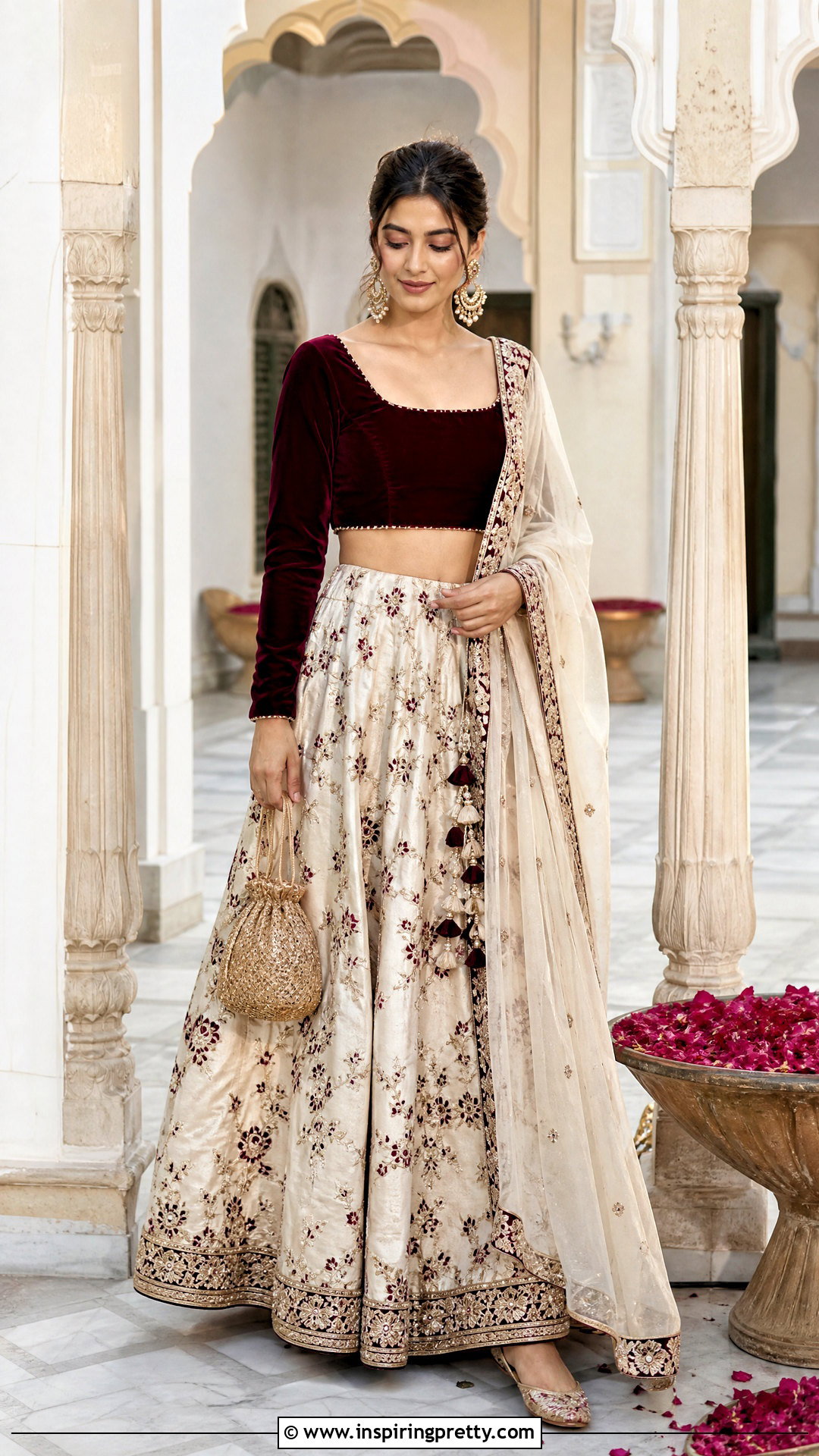 Burgundy Velvet Crop Top With Ivory Lehenga - 50 velvet crop top designs for lehengas