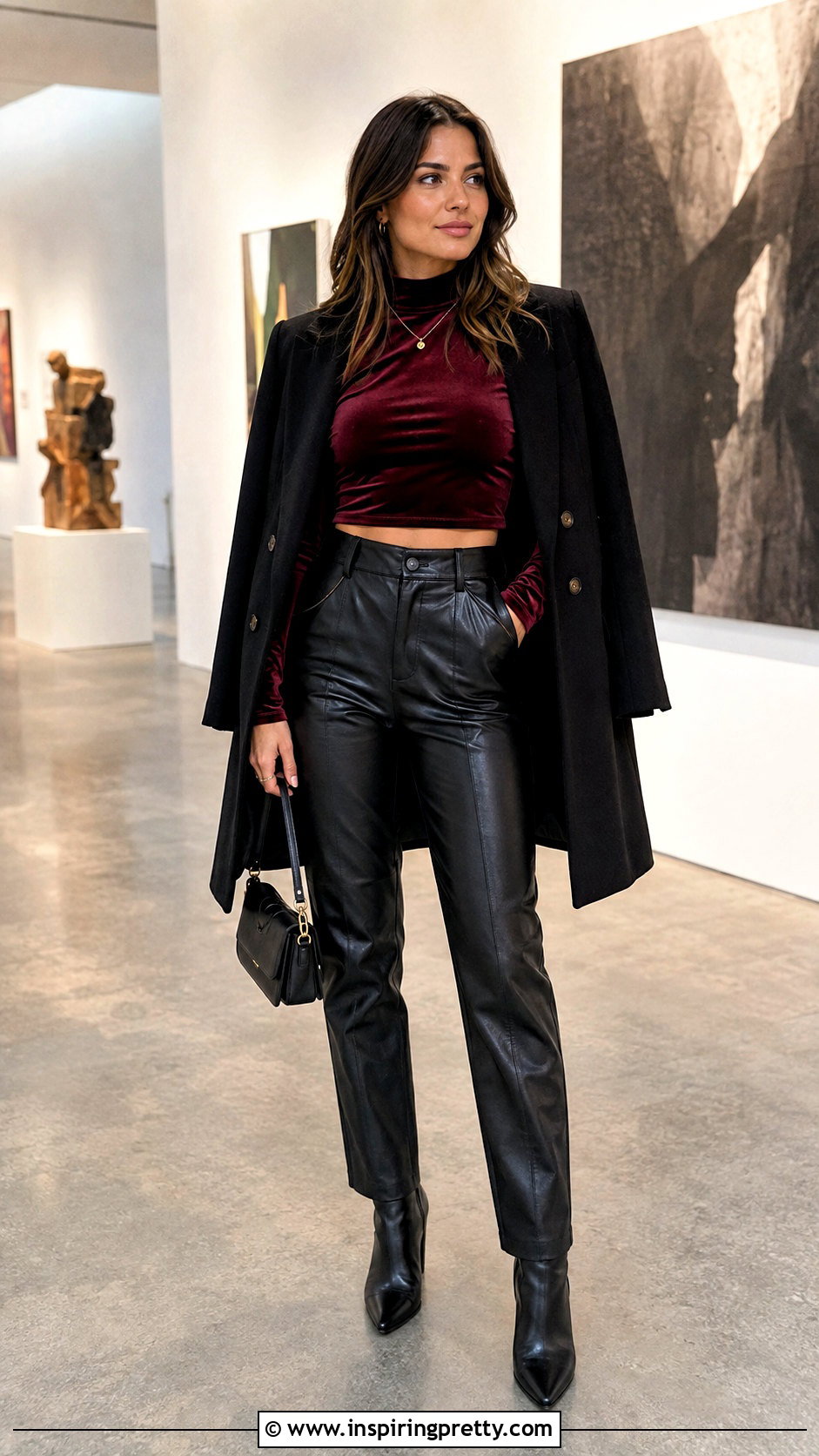 Burgundy Velvet Crop Top With Leather Pants - 20 velvet crop top fall fashion ideas