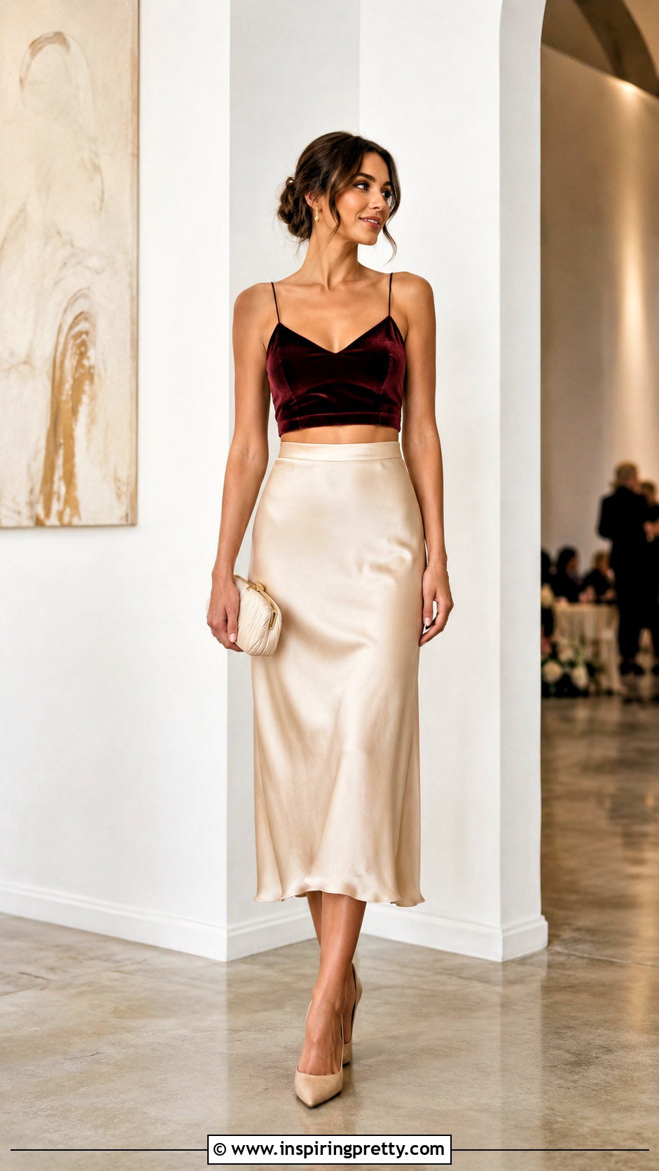Burgundy Velvet Crop Top With Satin Midi Skirt - 20 velvet crop top fashion ideas