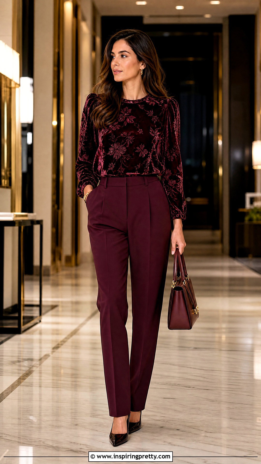 Burgundy Velvet Floral Top With Matching Pants - 25 velvet floral top outfit ideas