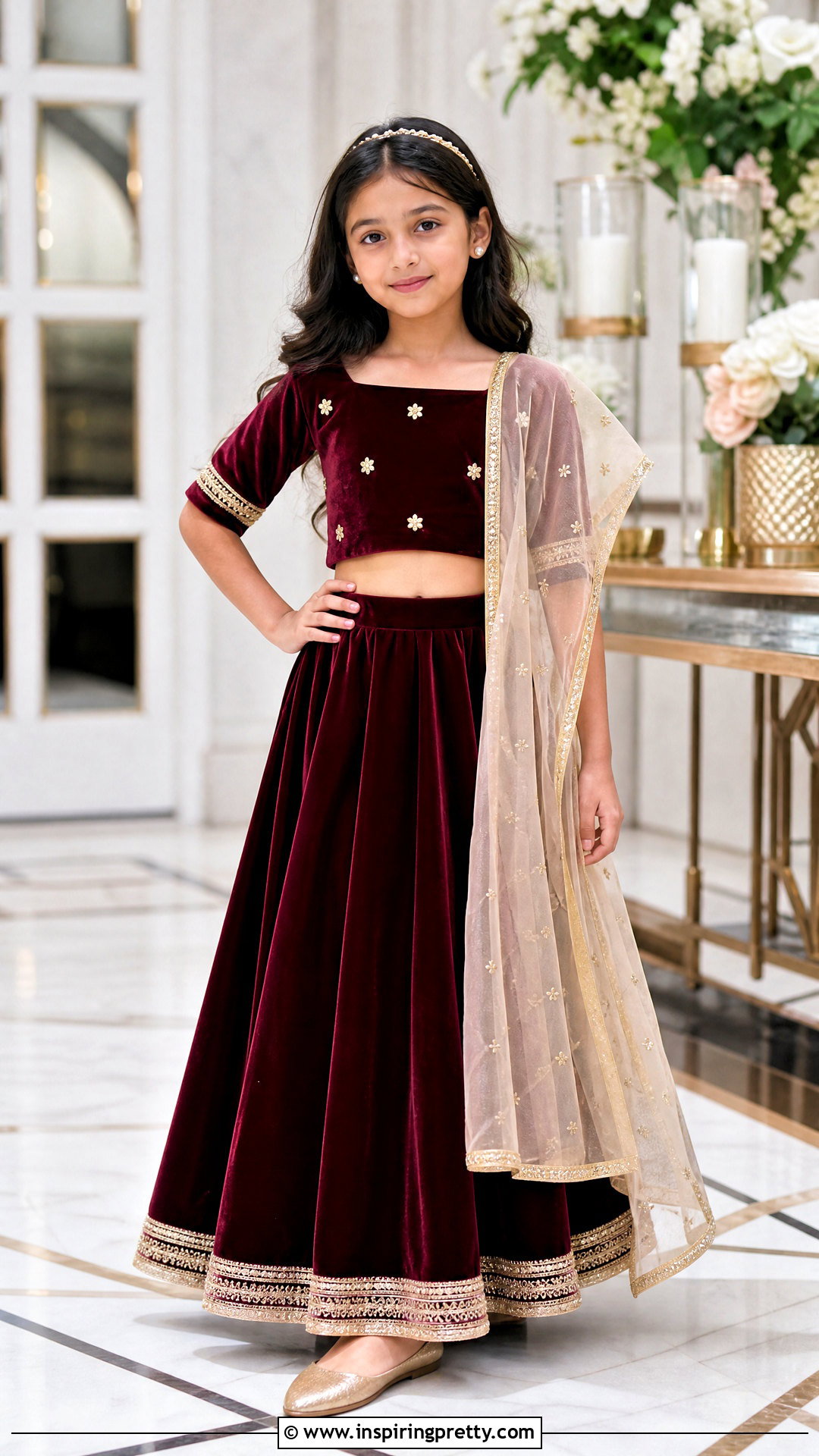 Burgundy Velvet Kids Crop Top Lehenga - 50 kids crop top lehenga designs