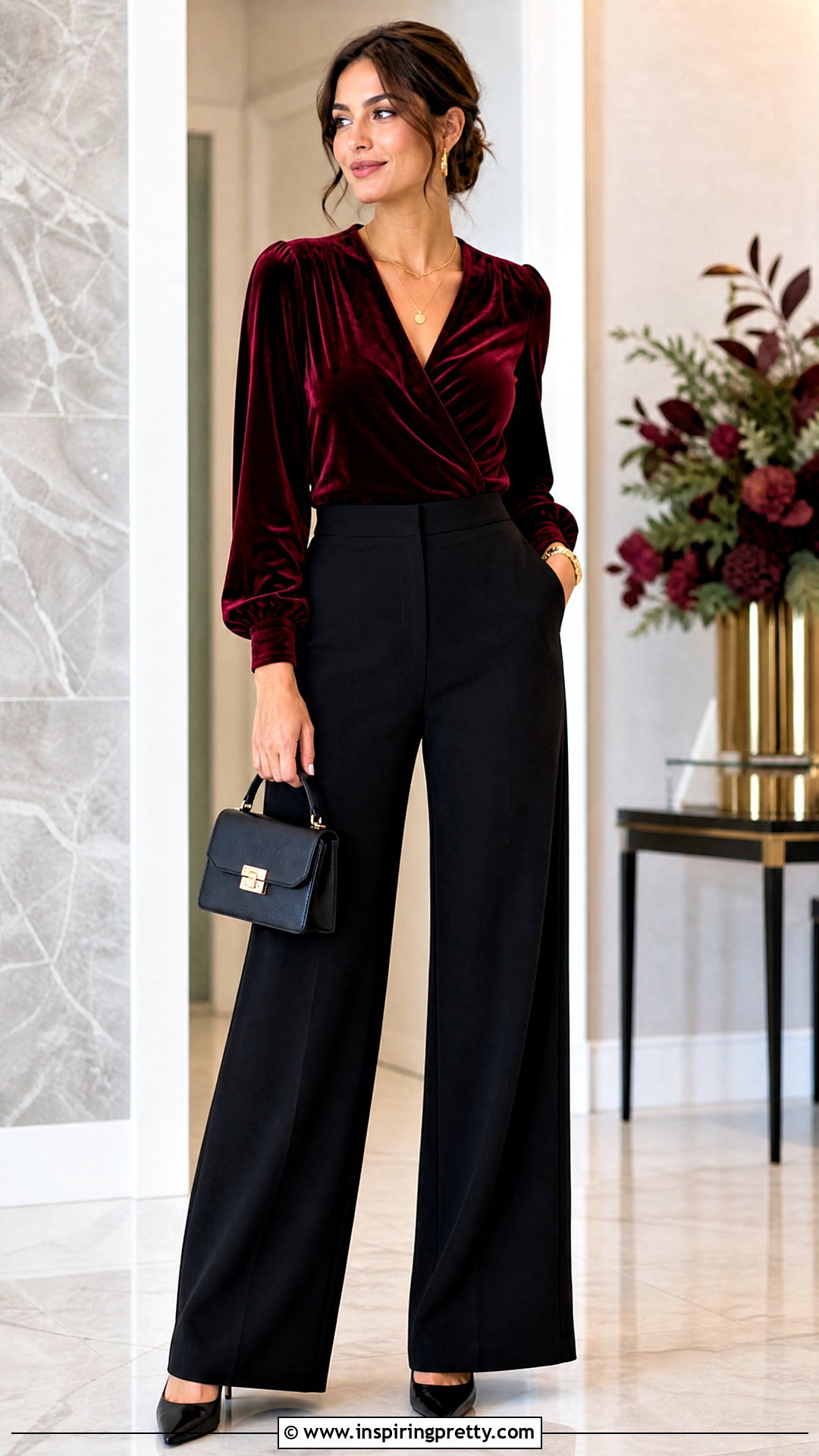 Burgundy Velvet Wrap Top With Wide Leg Trousers - 20 velvet top autumn fashion ideas