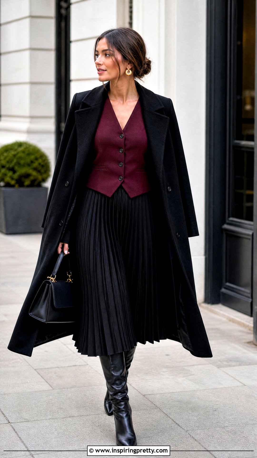 Burgundy Vest Top With Black Skirt - 50 Vest Tops outfit ideas