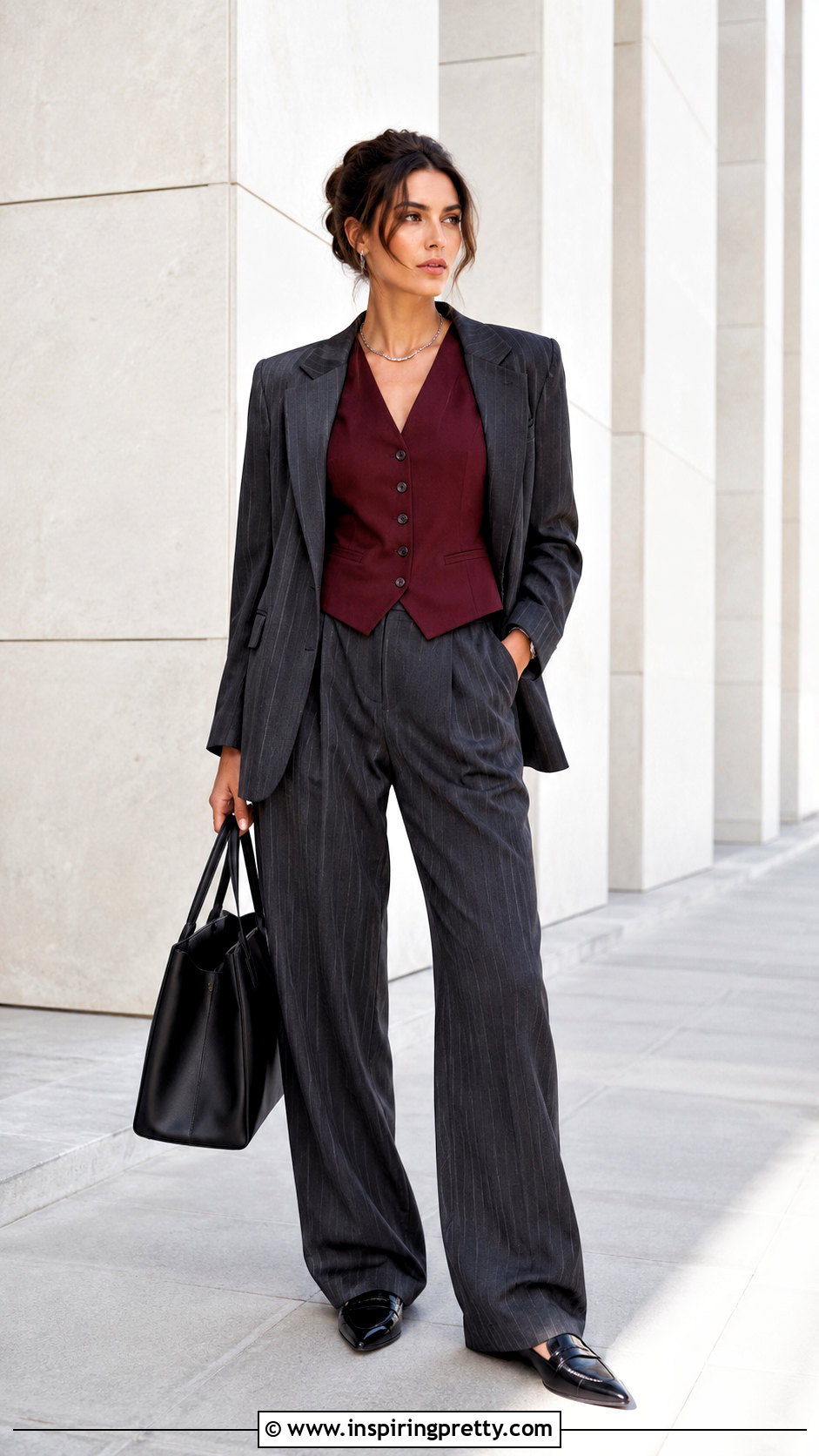 Burgundy Vest Top With Pinstripe Pants - 50 burgundy top outfit ideas