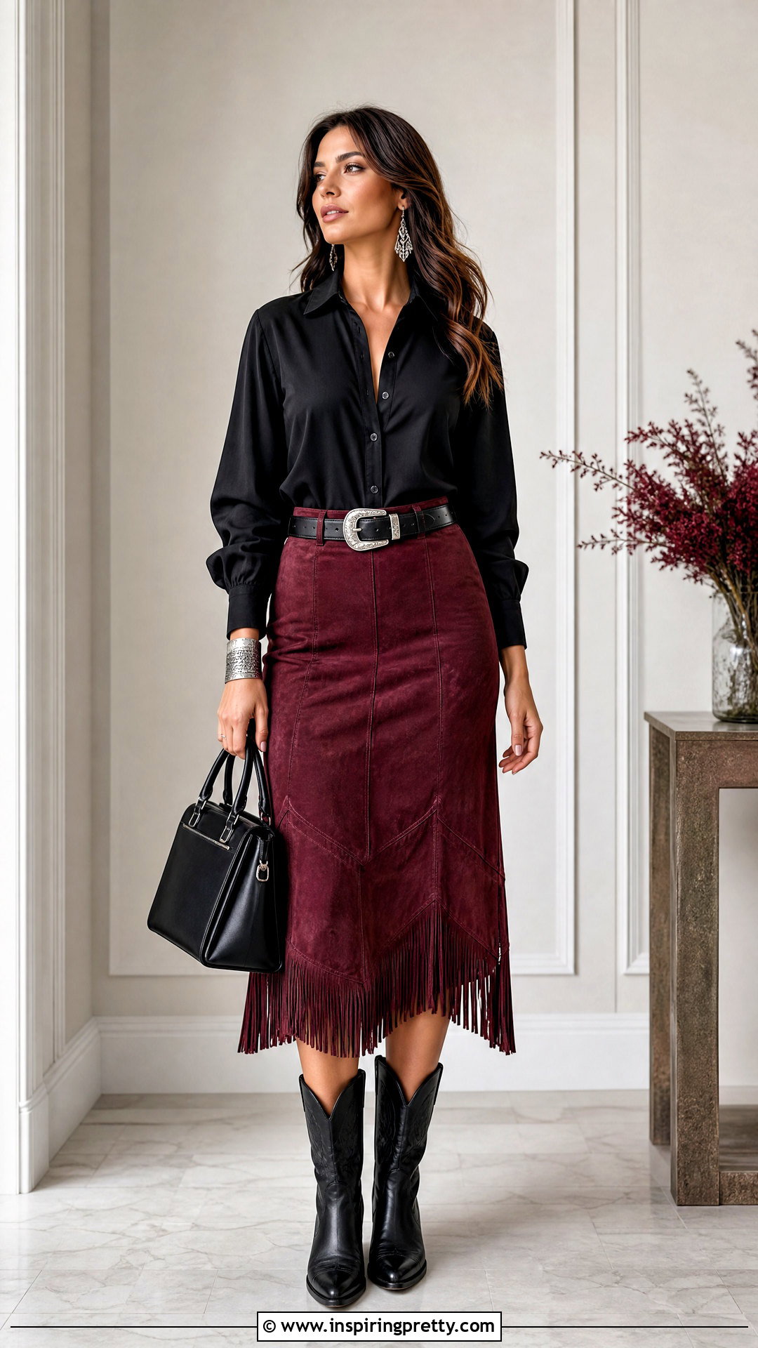Burgundy Western Skirt And Black Blouse - 50 western skirt and top outfit ideas