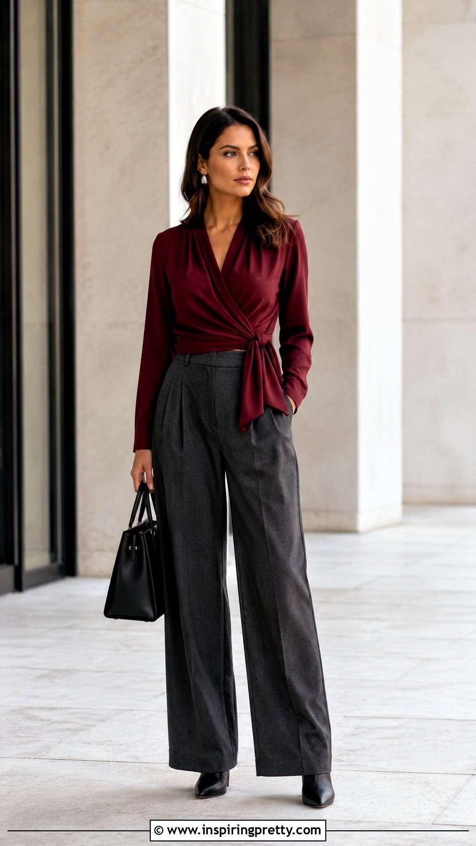 Burgundy Wrap Top With Charcoal Wide Leg Pants - 50 wrap top outfit classy ideas