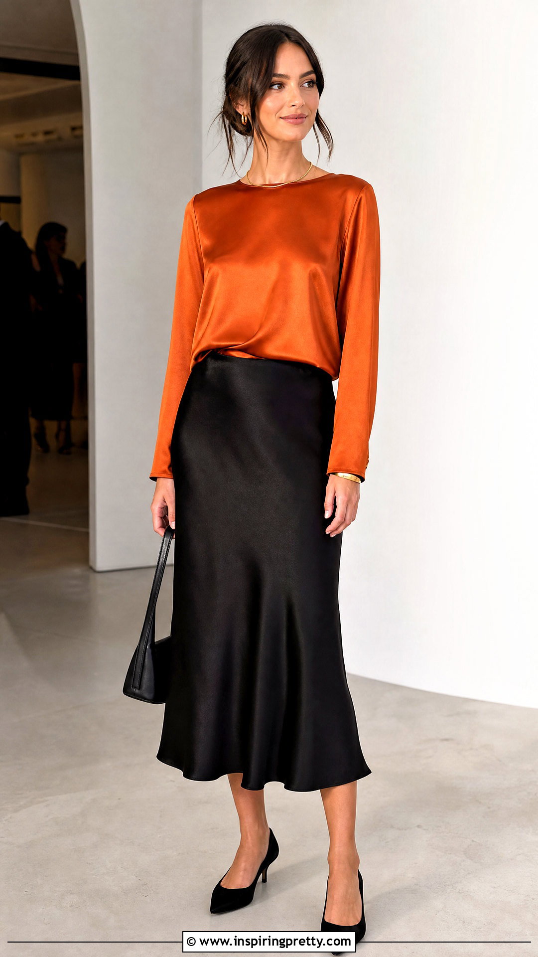Burnt Orange Satin Top With Black Slip Skirt - 25 burnt orange satin top outfit ideas