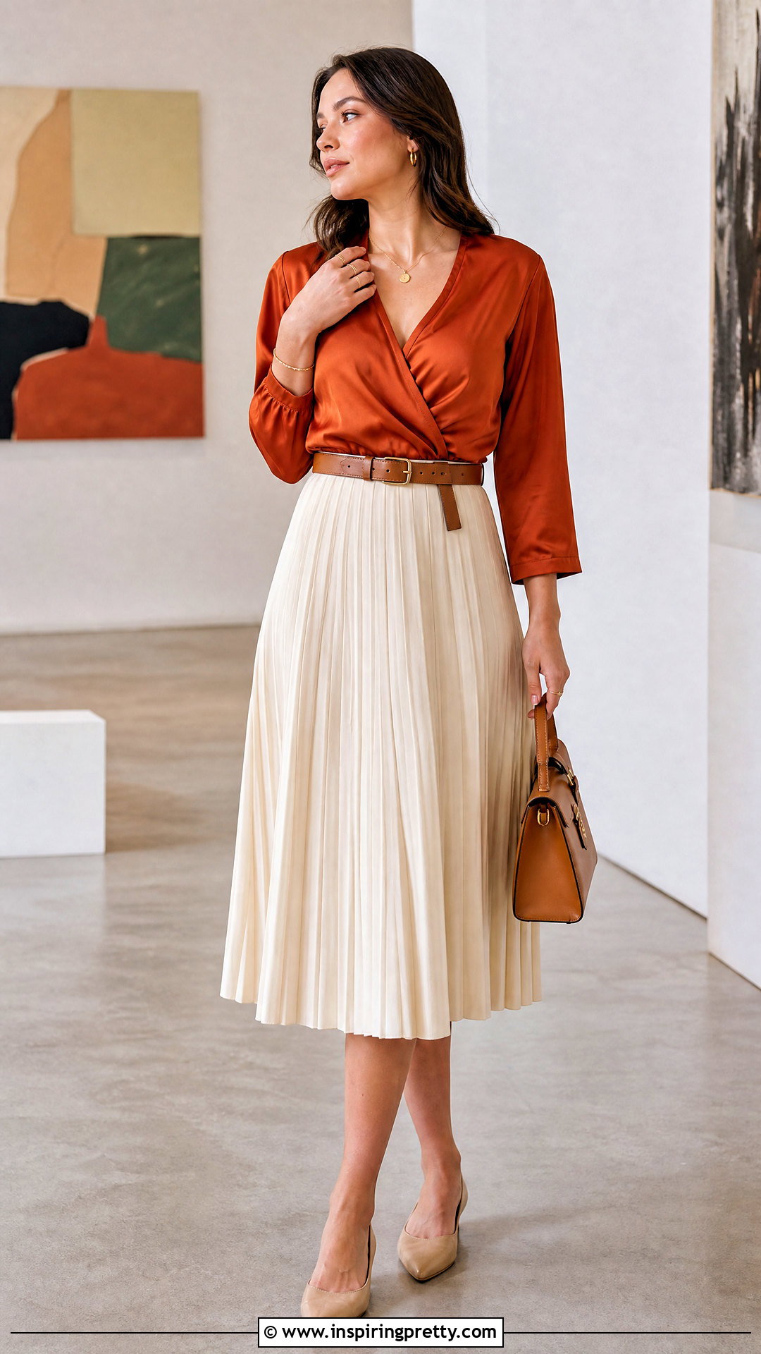 Burnt Orange Satin Top With Cream Midi Skirt - 25 burnt orange satin top outfit ideas