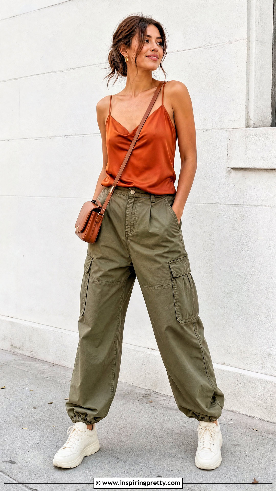 Burnt Orange Satin Top With Olive Cargo Pants - 25 burnt orange satin top outfit ideas