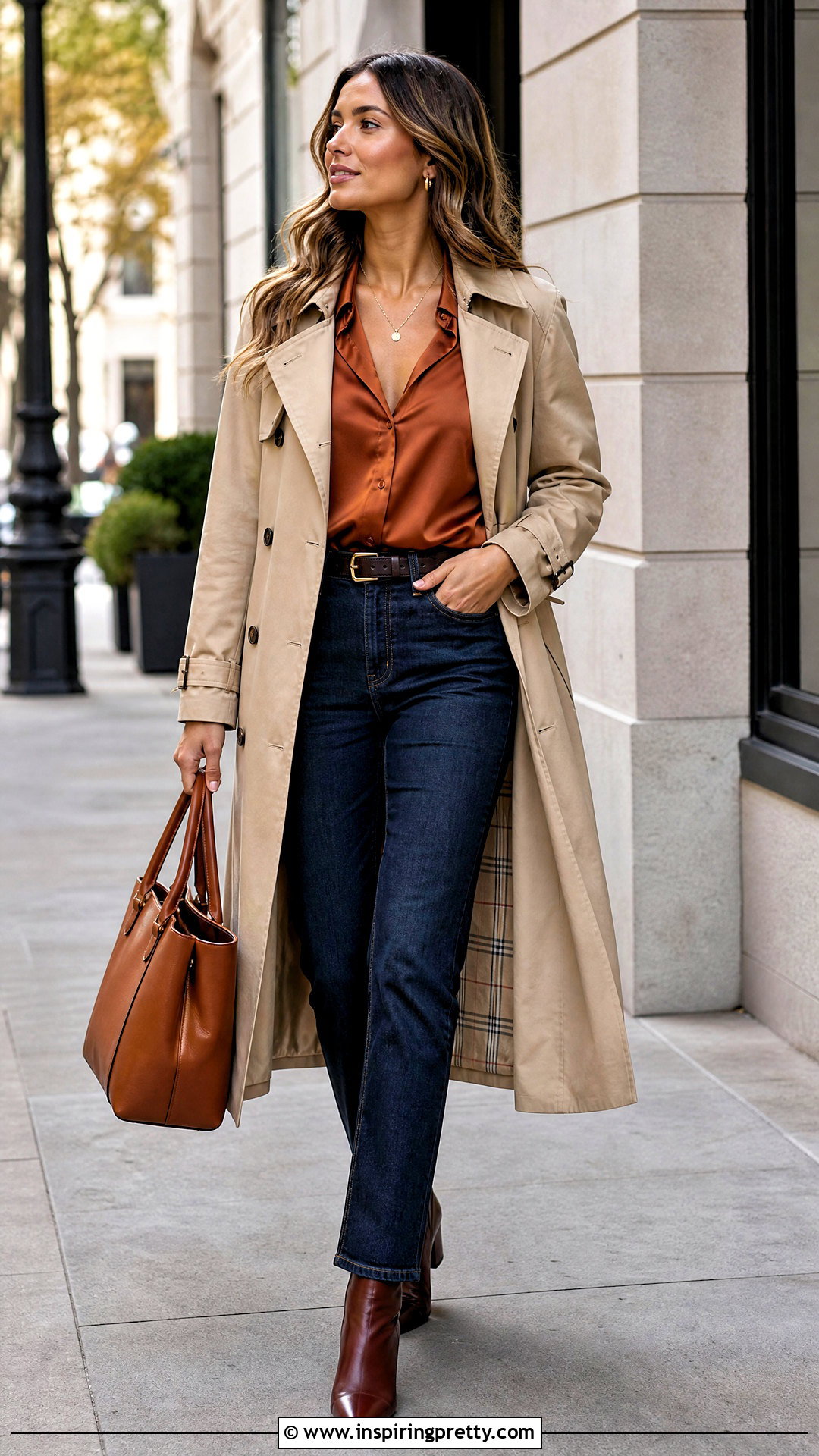 Burnt Orange Satin Top With Trench Coat And Jeans - 25 burnt orange satin top outfit ideas