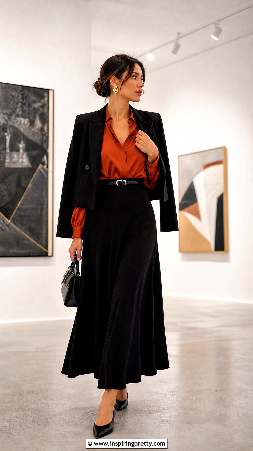 Burnt Orange Silk Top With Black Maxi Skirt - 25 burnt orange silk top outfit ideas