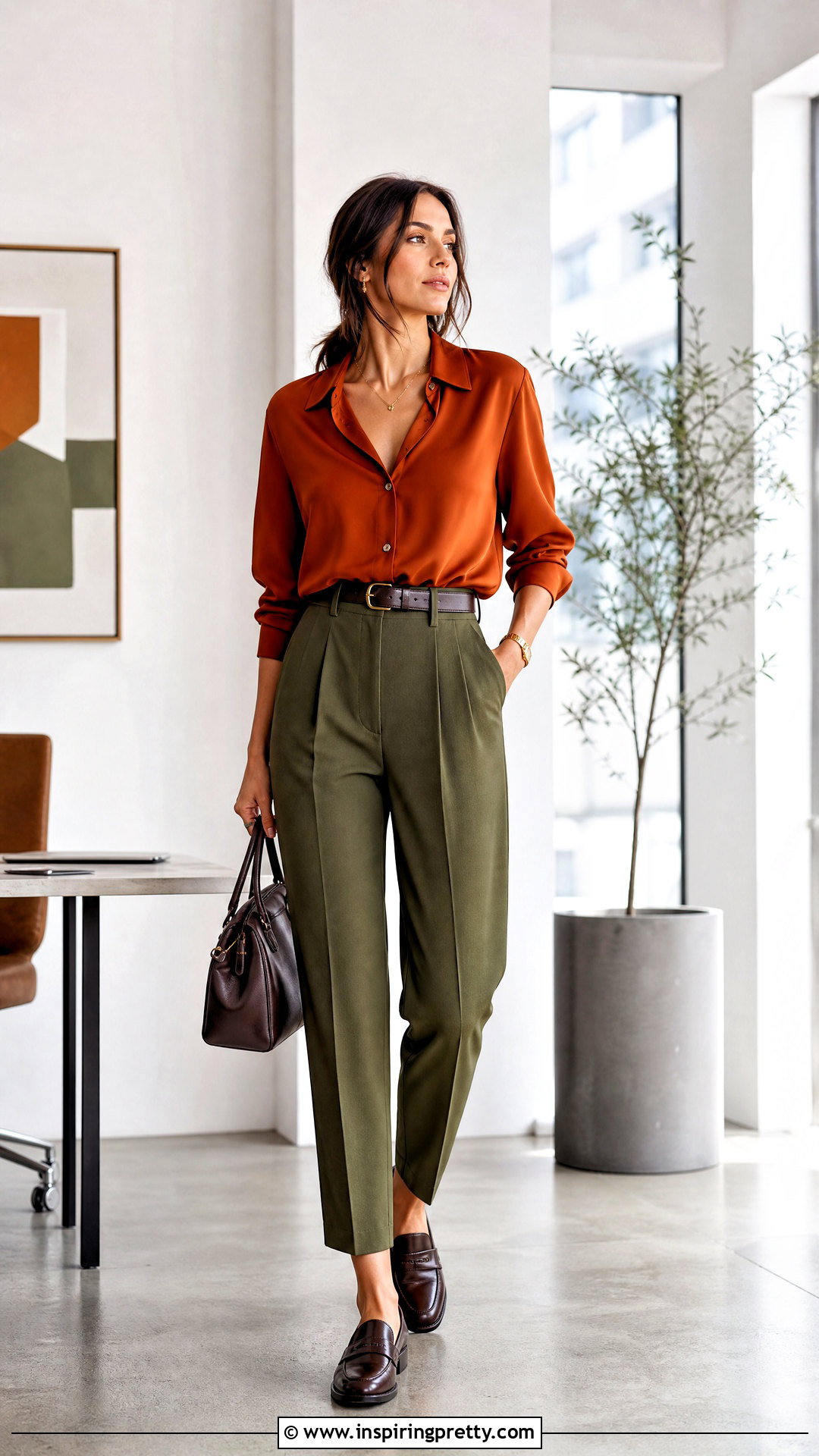 Burnt Orange Silk Top With Olive Green Trousers - 25 burnt orange silk top outfit ideas