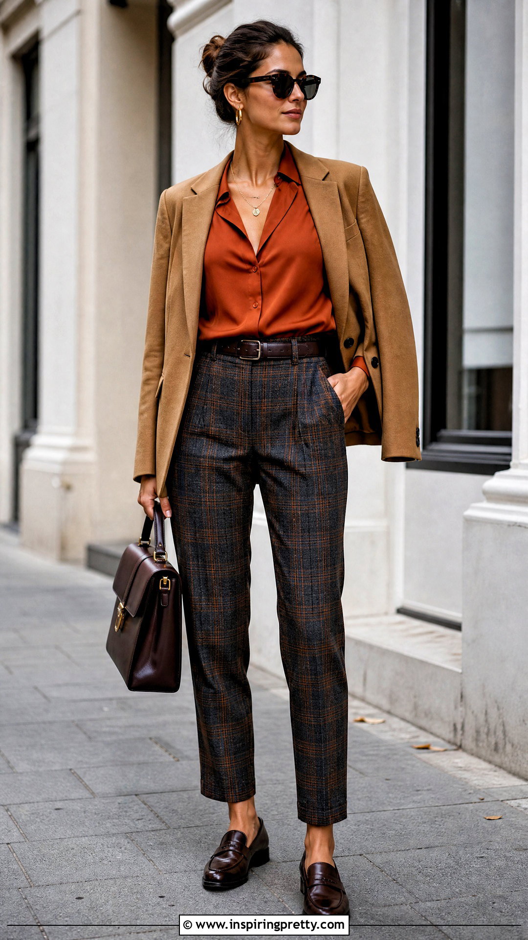 Burnt Orange Silk Top With Plaid Trousers - 25 burnt orange silk top outfit ideas