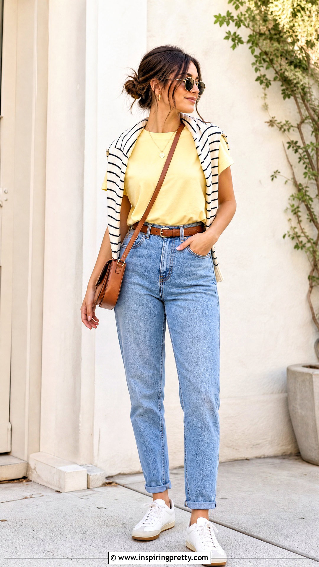 Butter Yellow T Shirt With Mom Jeans - 50 butter yellow top outfit ideas