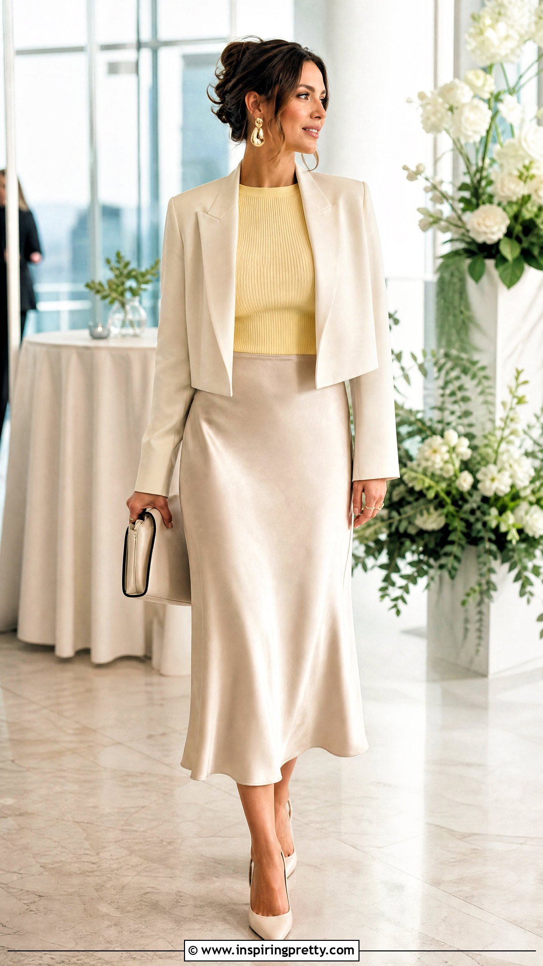 Butter Yellow Top With Satin Midi Skirt - 50 butter yellow top outfit ideas