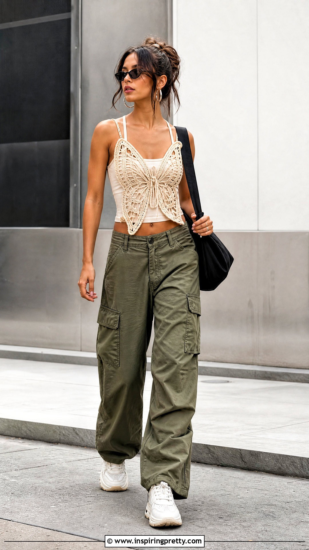 Butterfly Crochet Top With Cargo Pants - 50 butterfly crochet top outfit ideas