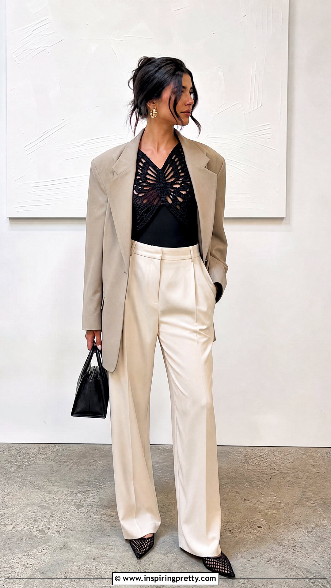 Butterfly Crochet Top With Oversized Blazer - 50 butterfly crochet top outfit ideas