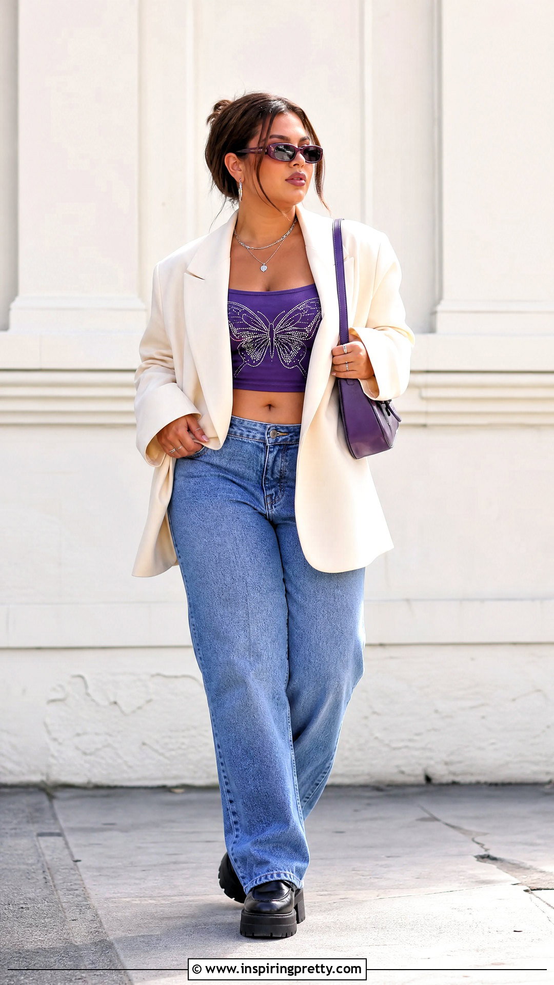 Butterfly Crop Top With Oversized Blazer - 20 Butterfly Crop Top Y2K outfit ideas