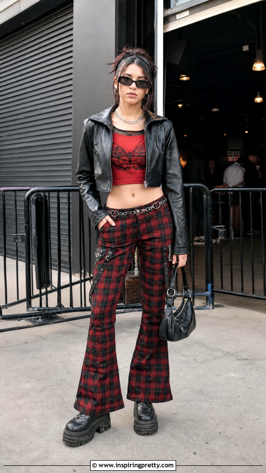 Butterfly Crop Top With Plaid Pants - 20 Butterfly Crop Top Y2K outfit ideas